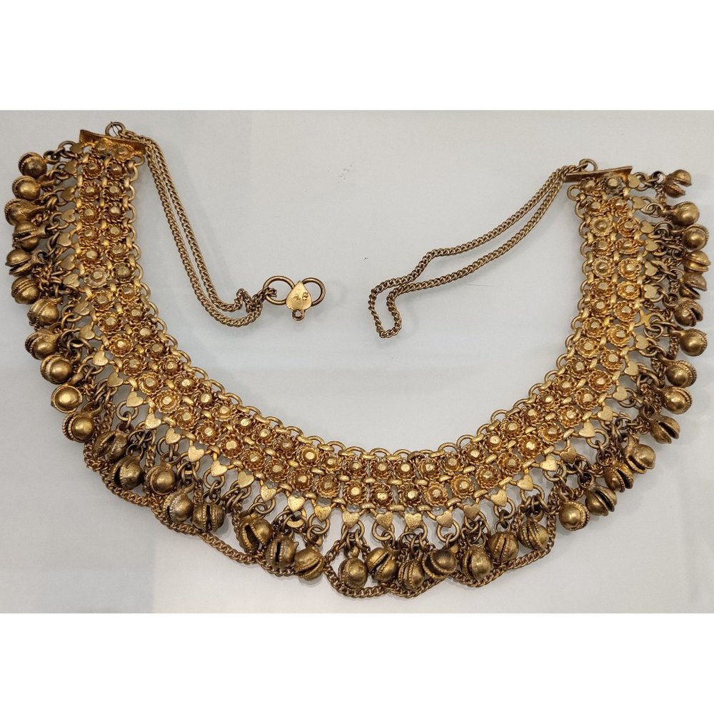 Vintage Nepal Hearts and Bells Gold Toned Belly Dancer Bib Necklace 18.25''